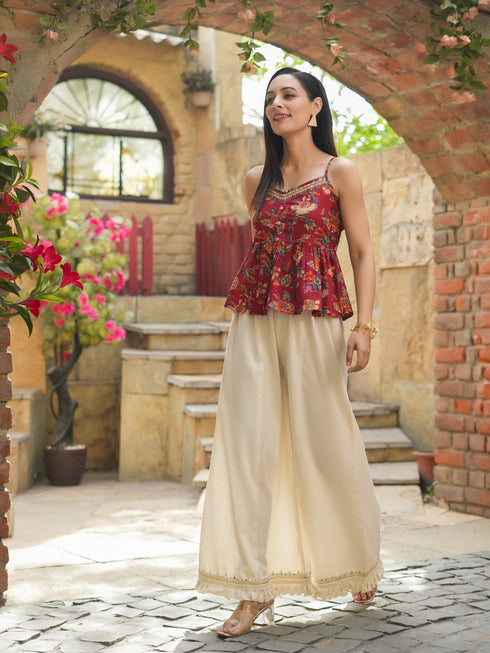Floral Printed Sleeveless Peplum Pure Cotton Top